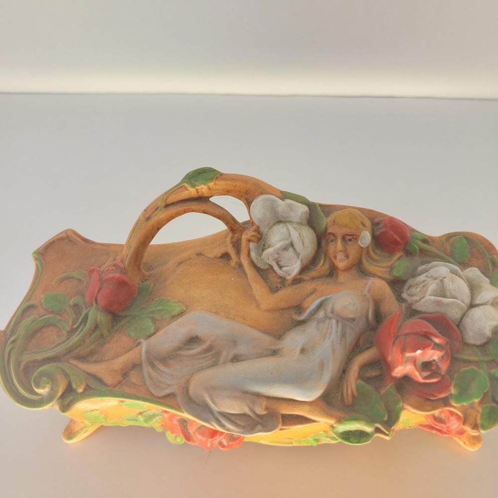 Vintage Art Nouveau Style Figural Trinket Box Lady Roses Jewelry Casket